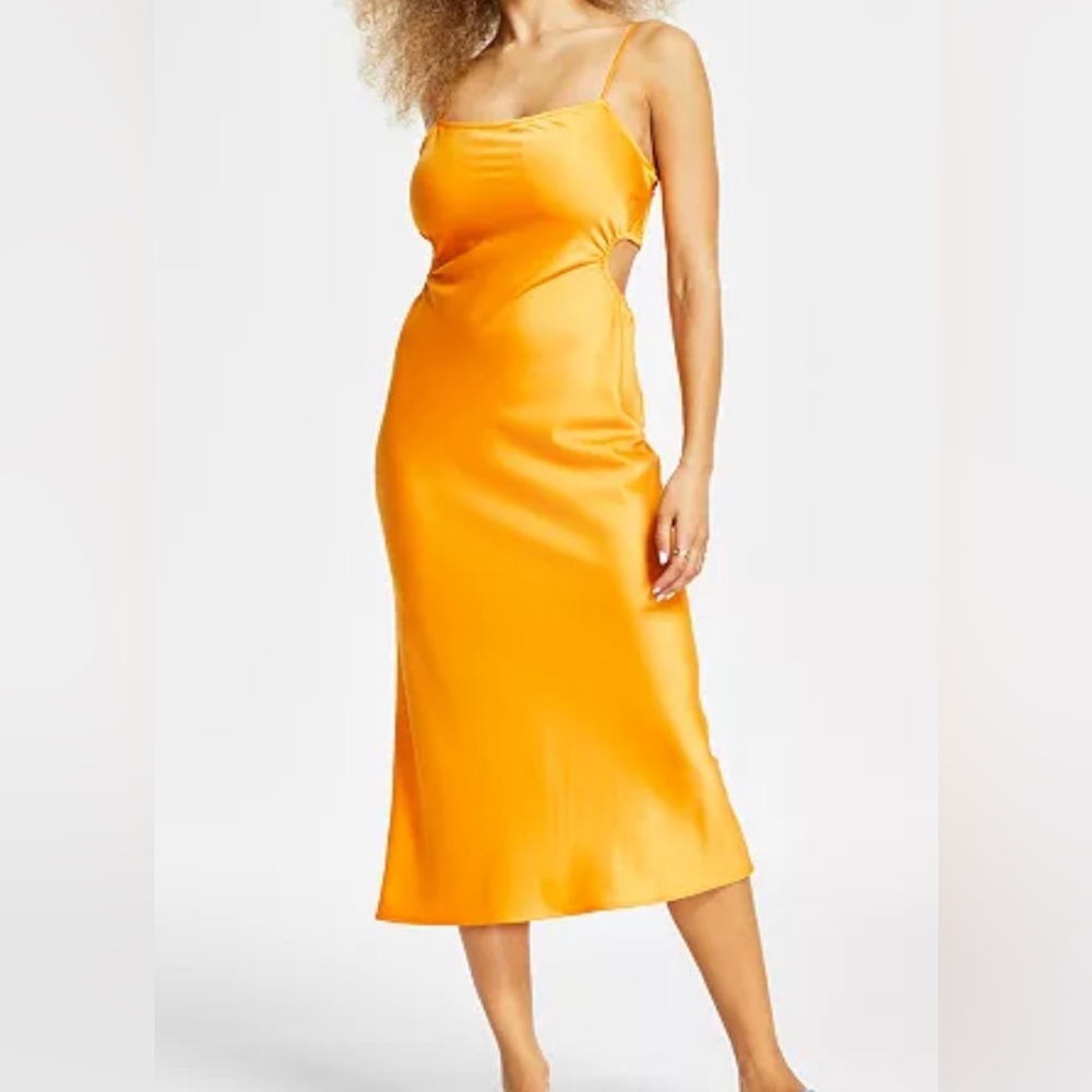 Leyden Satin Slip Dress Side Cutout Orange Midi Size M NWT